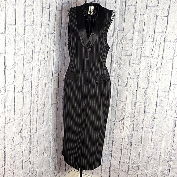 Black and White Pinstripe Button Up Midi Dress Size 3 - Picture 1 of 8